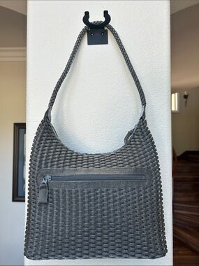 Tiras Woven Shoulder Bag with Front Zip in gray
